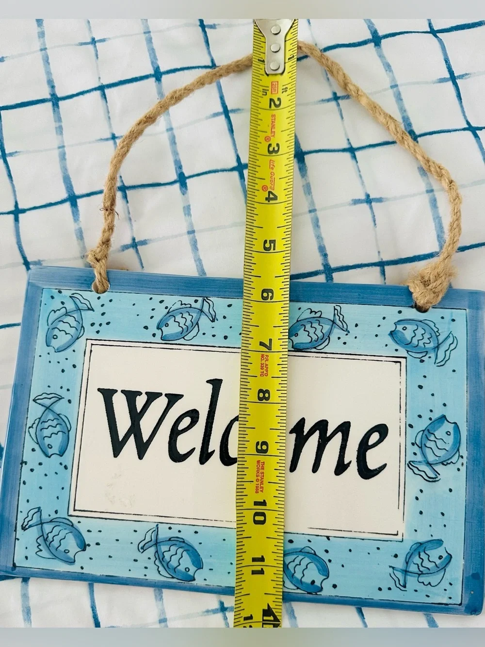 Ceramic Welcome Hanging Sign in Light Blue and Navy 🐠🐚🩵🐟